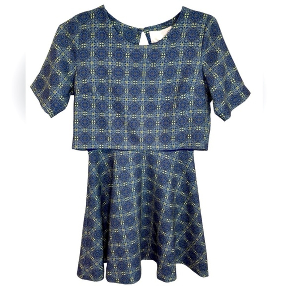 NWT JOA Stylish Retro Blue and Yellow Short Sleeve Layered Dress, Size M - Picture 1 of 11